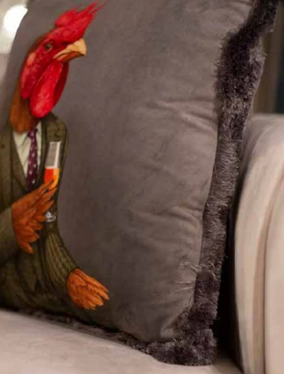 Casa Padrino almohada decorativa de lujo caballero gallo gris / multicolor 45 x 45 cm - Almohada de terciopelo estampada con flecos - Calidad de Lujo
