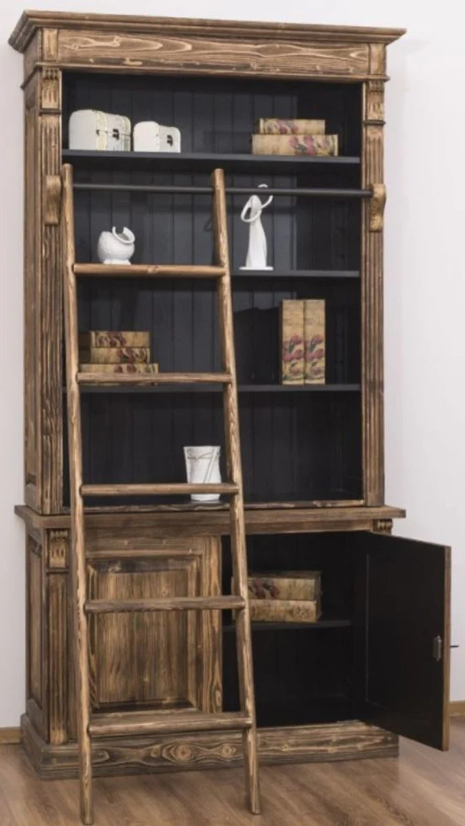 Casa Padrino armario de libros de estilo campestre con escalera marr¨®n / negro 120 x 51 x H. 228 cm - Armario de Madera Maciza - Estanter¨ªa - Armario de Sala de Estar - Armario de Oficina - Muebles de Estilo Campestre