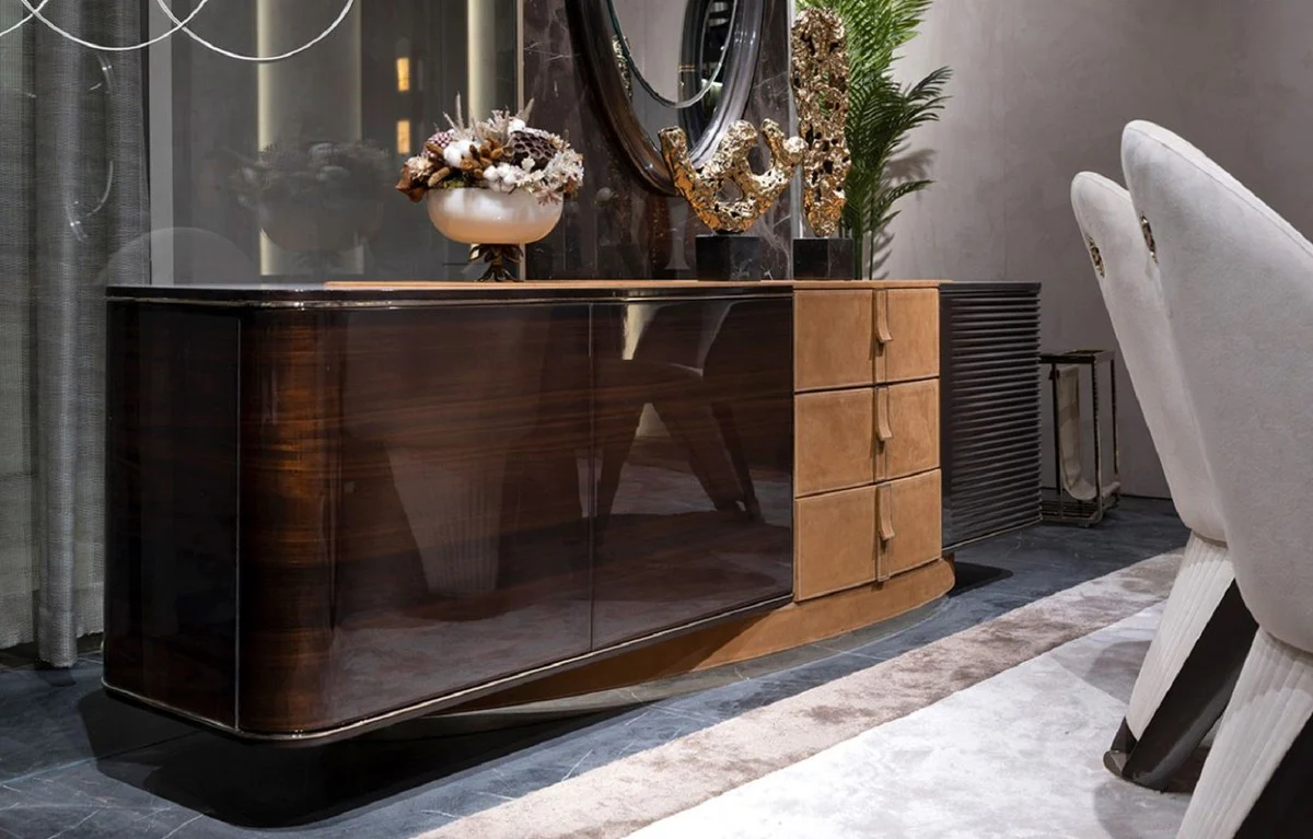 Casa Padrino aparador de lujo marr¨®n claro / marr¨®n oscuro / gris / oro 249 x 52,5 x A. 76 cm - Armario de madera maciza con 3 puertas y 3 cajones - Muebles de lujo - Muebles de hotel