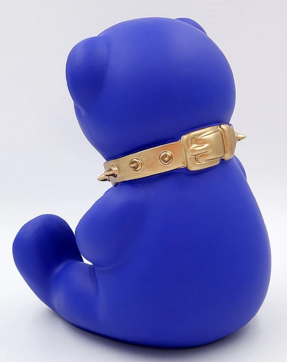Casa Padrino figura decorativa de dise?o de lujo oso de peluche con collar azul / oro A. 31 cm - Escultura decorativa de resina - Figura decorativa de lujo - Figura decorativa de dise?o