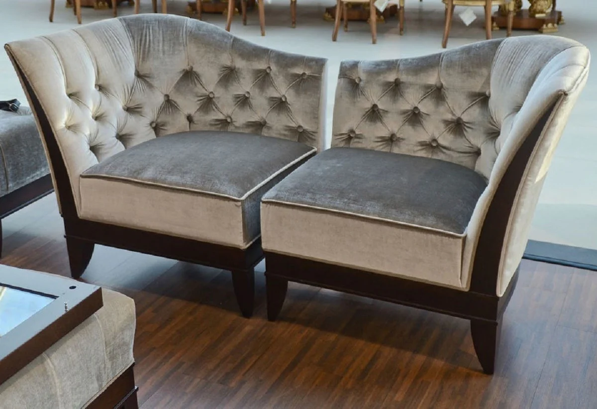 Casa Padrino conjunto de sill¨®n de sal¨®n de lujo plata gris / marr¨®n oscuro - 2 sillones neocl¨¢sicos con tela de terciopelo noble - Muebles de sal¨®n en estilo neocl¨¢sico