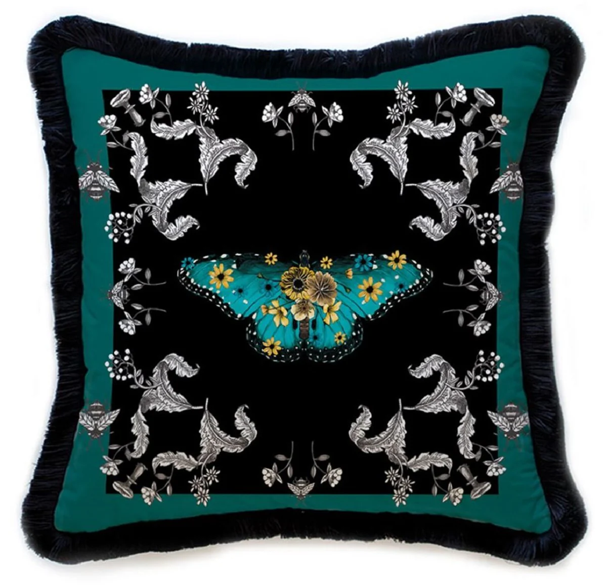 Casa Padrino cojín decorativa de lujo mariposa y flores multicolor / negro 45 x 45 cm - Almohada de terciopelo estampado con flecos - Accesorios decorativos de lujo