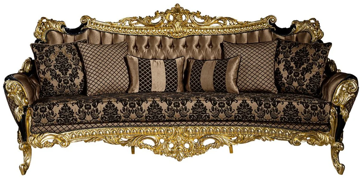Casa Padrino sof¨¢ barroco de lujo marr¨®n / negro / oro 260 x 110 x A. 117 cm - Sof¨¢ de sal¨®n magn¨ªfica con cojines decorativas - Muebles nobles barrocos