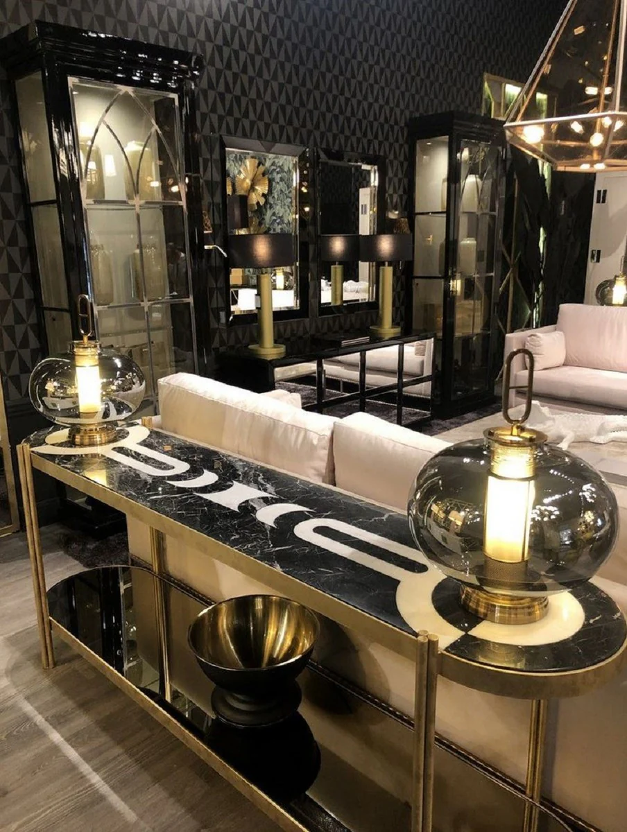 Casa Padrino consola de lujo lat¨®n / negro / blanco 220 x 45 x A. 85 cm - Consola con tablero de m¨¢rmol y estante de vidrio - Muebles de Hotel - Calidad de Lujo