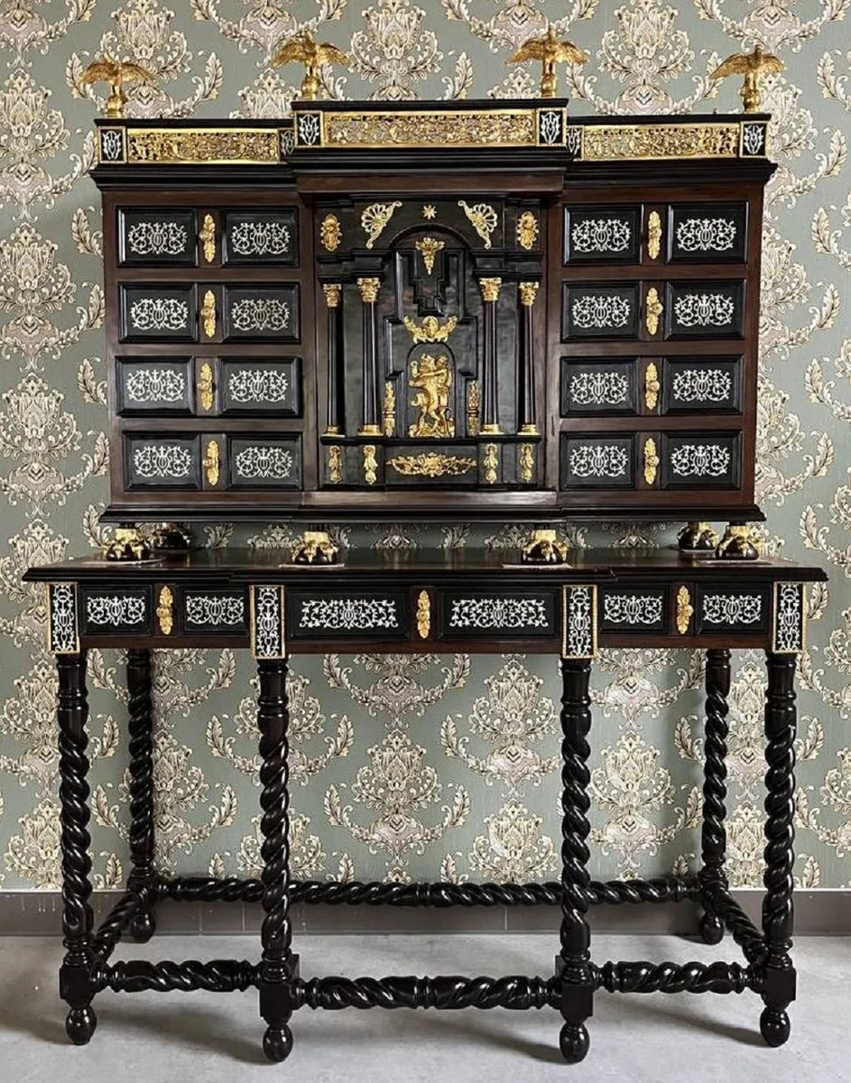 Casa Padrino secreter barroco de lujo negro / marr¨®n / oro - Secretaria de madera maciza de estilo antiguo hecha a mano con puertas y cajones - Muebles de oficina barrocos - Muebles barrocos