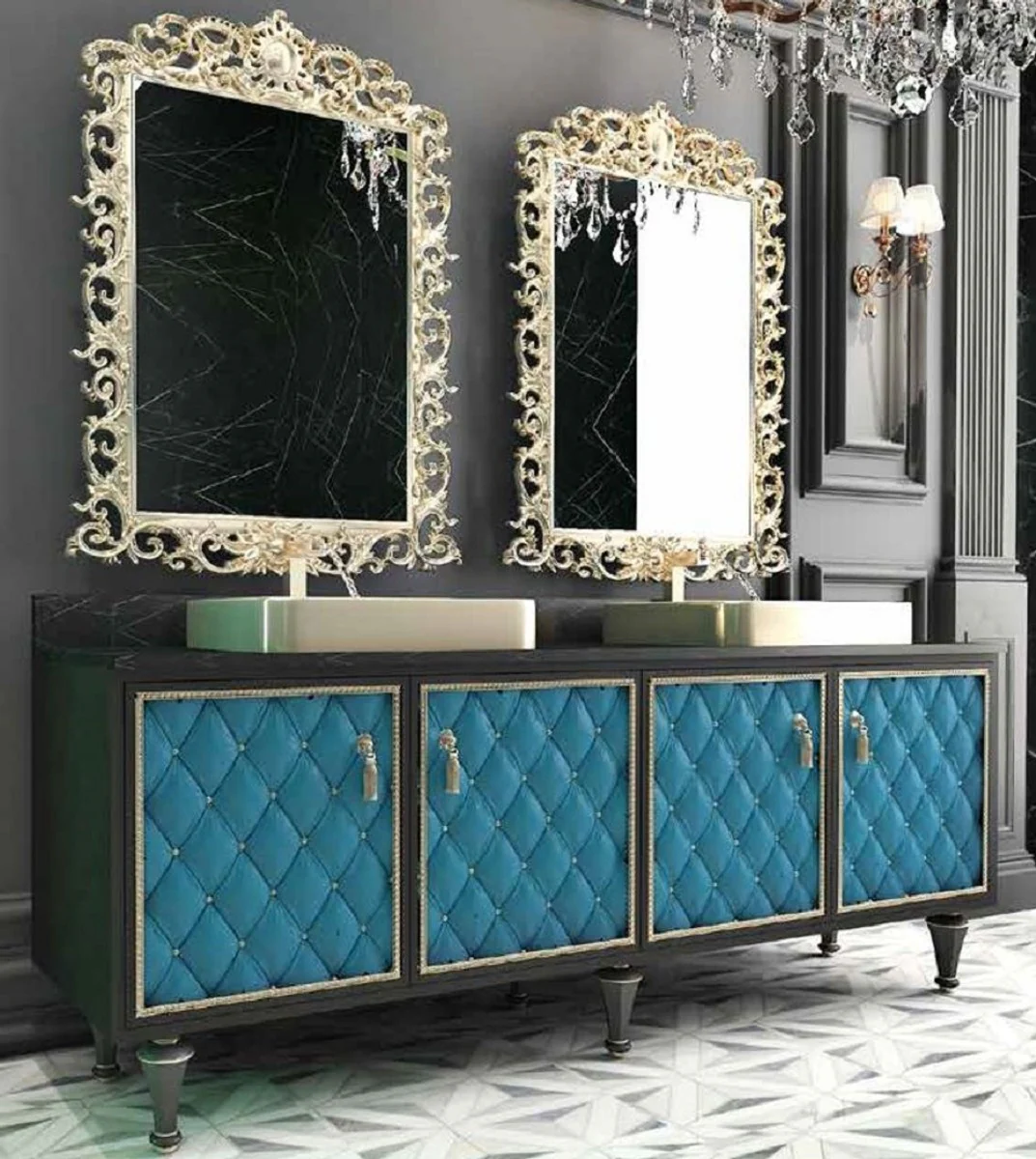 Casa Padrino Conjunto de Ba?o Barroco de Lujo Negro / Azul / Oro - 1 Mesa de Lavado con 4 Puertas y 2 Lavabos y 2 Espejos de Pared - Suntuosos Muebles de Ba?o