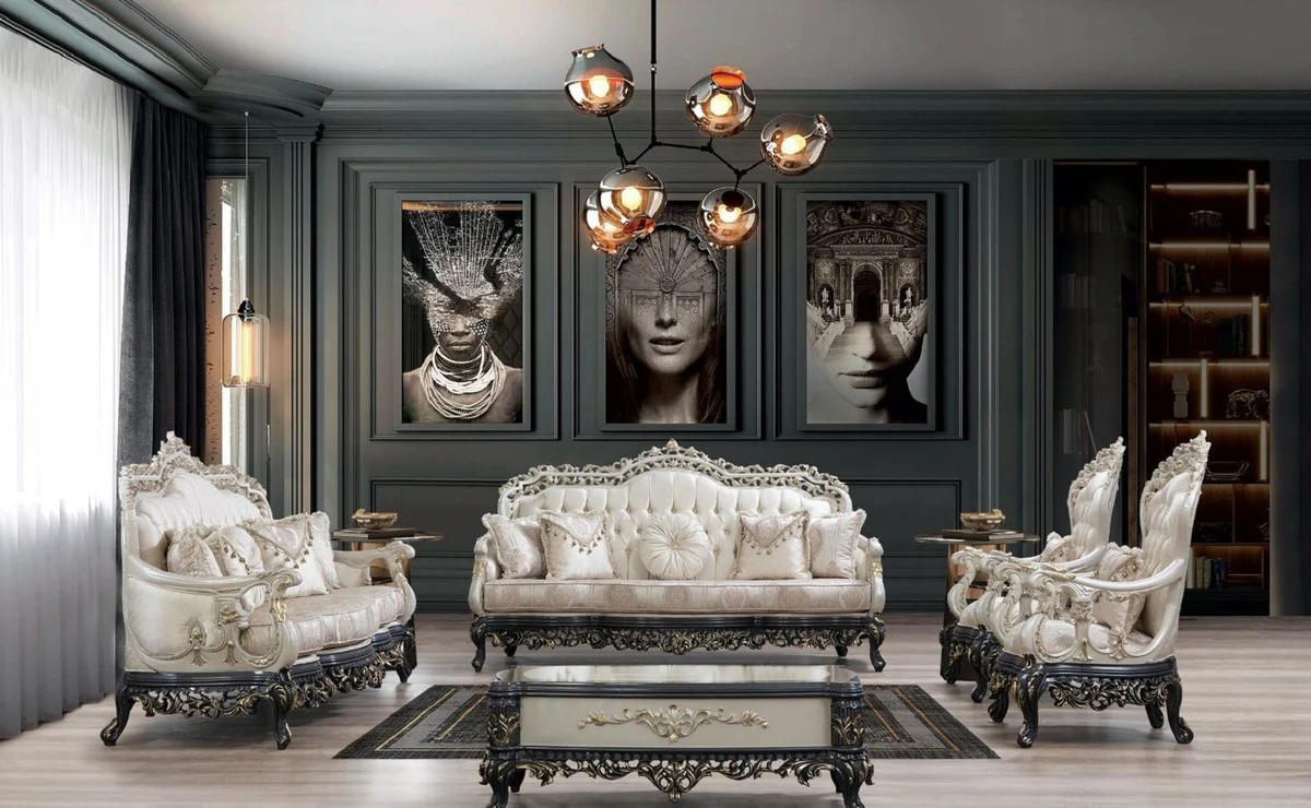 Casa Padrino mesa de centro barroco de lujo crema / gris / oro - Mesa de sal¨®n de madera maciza hecha a mano - Magn¨ªficos muebles de sal¨®n de madera maciza de estilo barroco