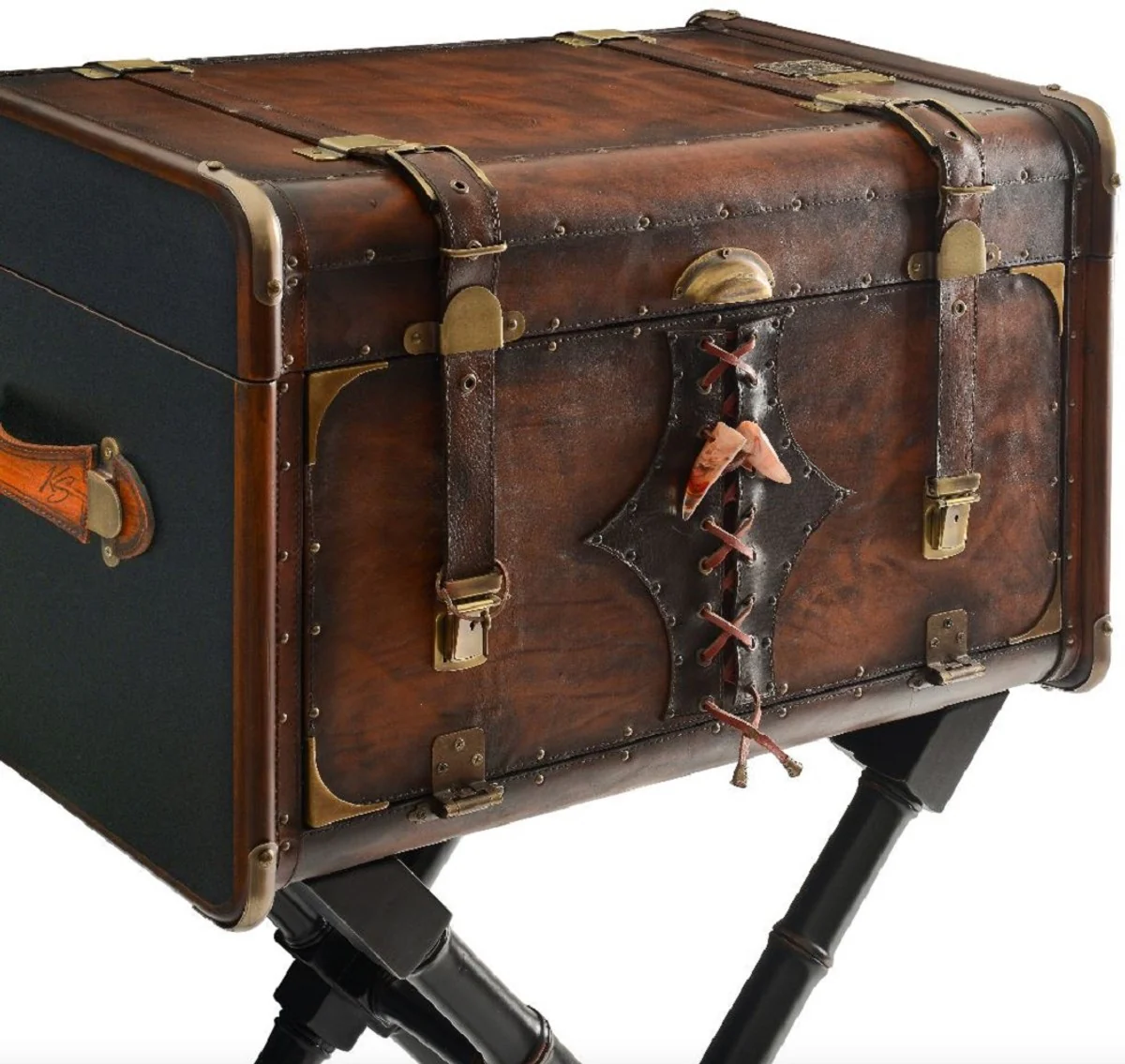 Casa Padrino minibar de cuero de lujo con aspecto de maleta marr¨®n / negro / lat¨®n 45,5 x 45,5 x A. 73 cm - Minibar de cuero genuino - Muebles de cuero genuino - Muebles de lujo aspecto de maleta