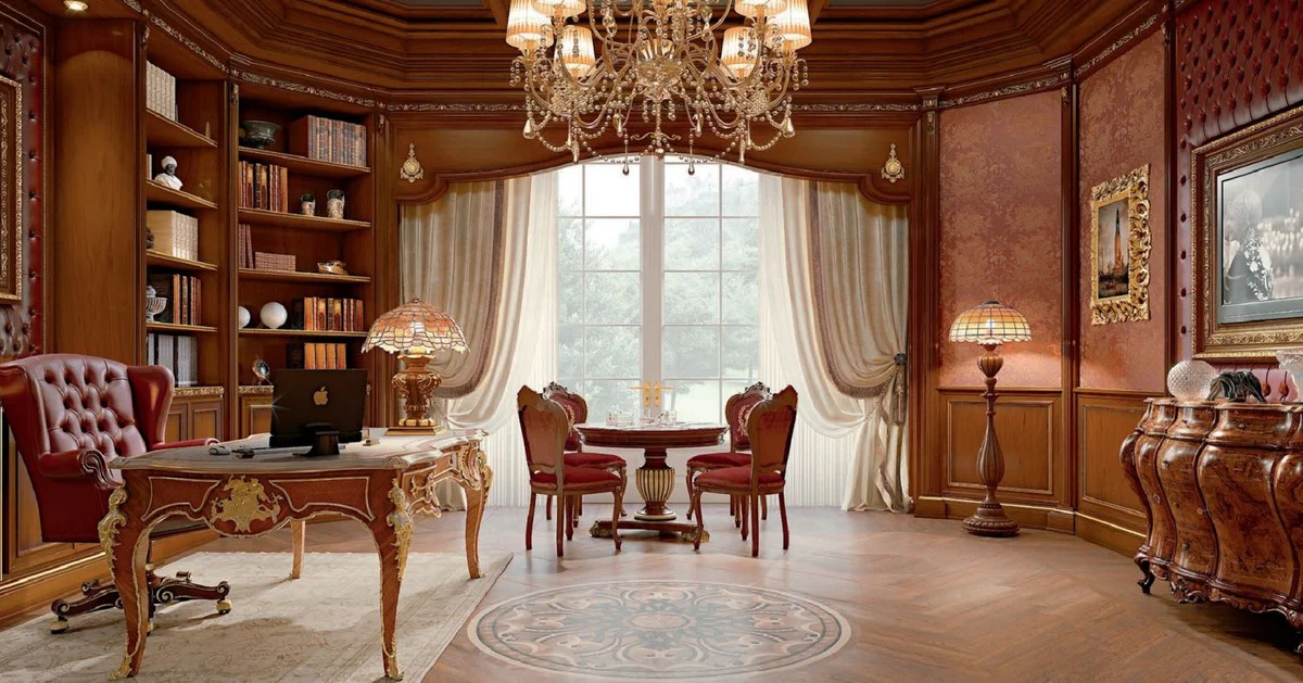 Casa Padrino silla de oficina Chesterfield barroco de lujo burdeos rojo / marr¨®n / oro - Silla de escritorio con cuero real - Mobiliario de oficina estilo barroco - Calidad de lujo - Hecho en Italia