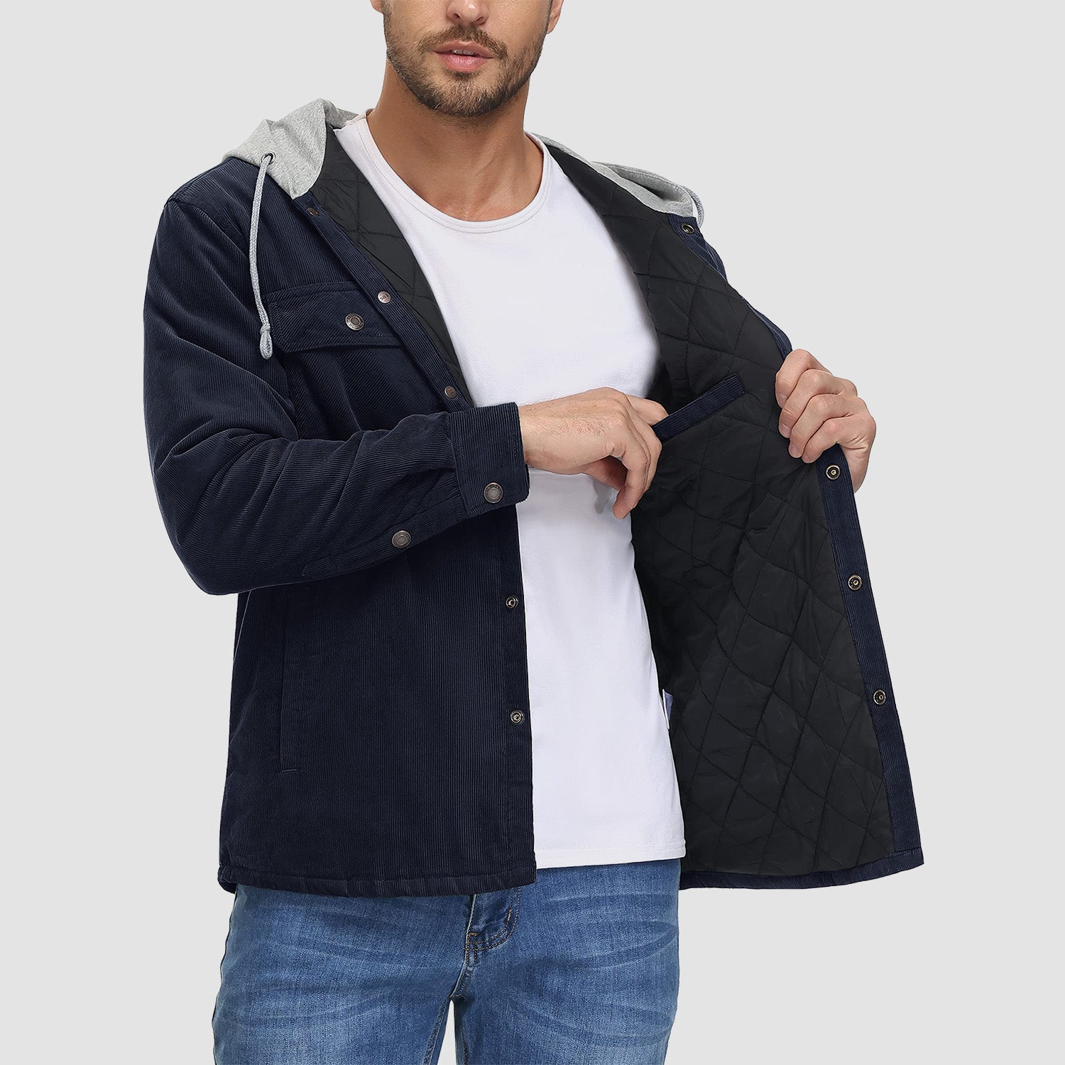 Men's Corduroy Jacket Hoodies Quilted Lined Button-Down Casual Shirt Jacket Warm Winter Coat with 5 Pockets