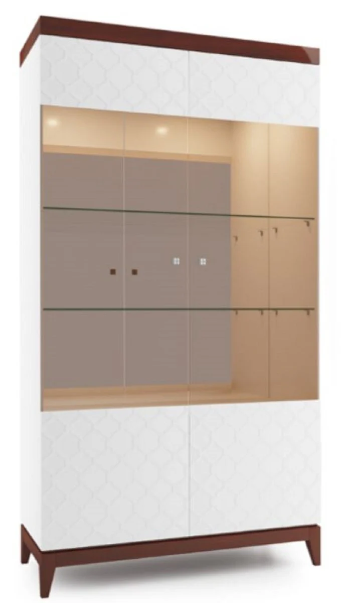 Casa Padrino Vitrina de Lujo Blanco / Marrón Brillante 111,2 x 45 x H. 205 cm - Armario de Salón Iluminada con 2 Grandes Estantes de Vidrio - Mobiliario de Sala de Estar