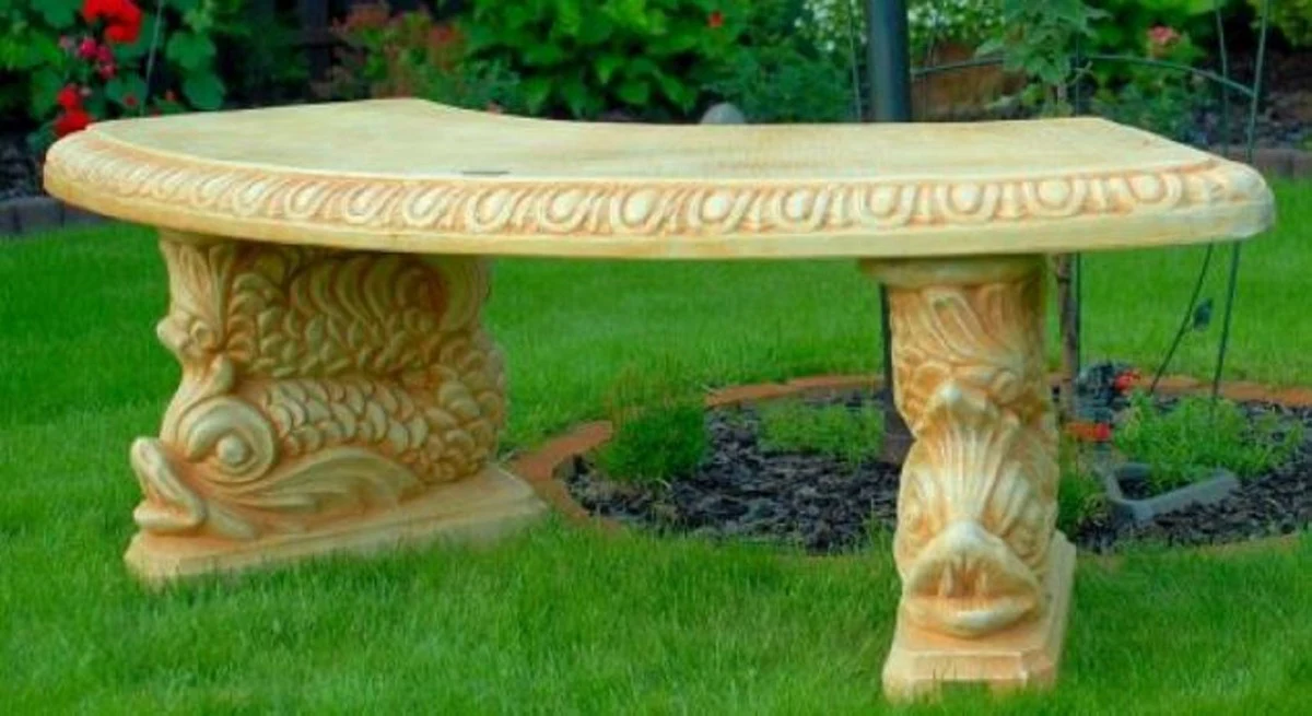 Casa Padrino Banco de Jardín / Banco de Parque Beige 138 x 45 x H. 49 cm - Banco de Jardín Curvo en Estilo Oriental - Muebles de Jardín