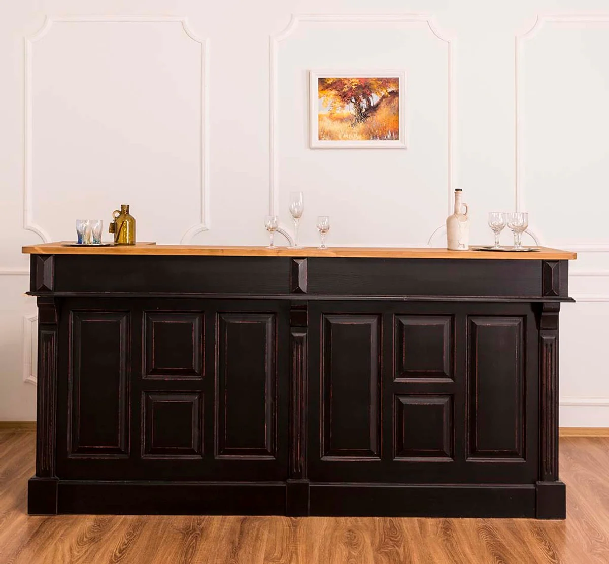 Casa Padrino barra de bar de estilo campestre negro antiguo / natural 240 x 65 x H. 107 cm - Barra de Bar con Cajones y Compartimentos de Almacenamiento