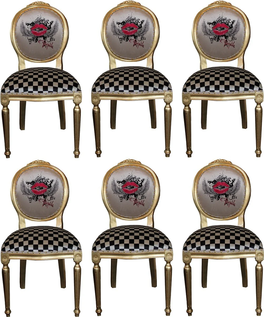 Pomp??s by Casa Padrino Sillas de Comedor Barroco de Lujo Labios Rojos Crema / Plaid / Oro - Sillas de Estilo Barroco de Pomp??s Dise?adas por Harald Gl??ckler - 6 Sillas de Comedor
