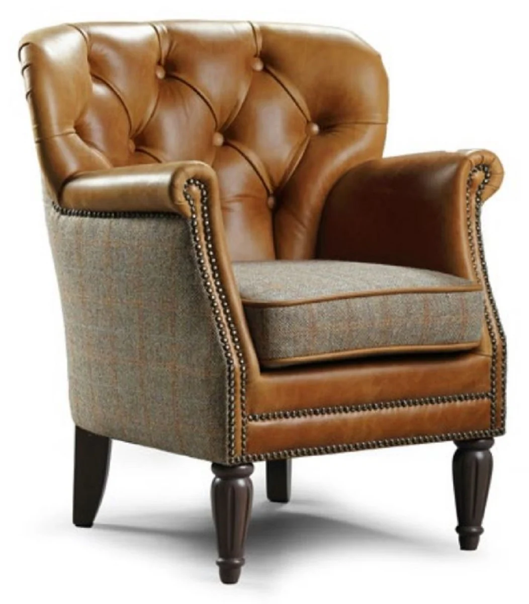 Casa Padrino sill¨®n de cuero Chesterfield de lujo marr¨®n / gris / marr¨®n oscuro 75 x 70 x A. 82 cm - Sill¨®n de sal¨®n de cuero aut¨¦ntico - Muebles de Sal¨®n Chesterfield