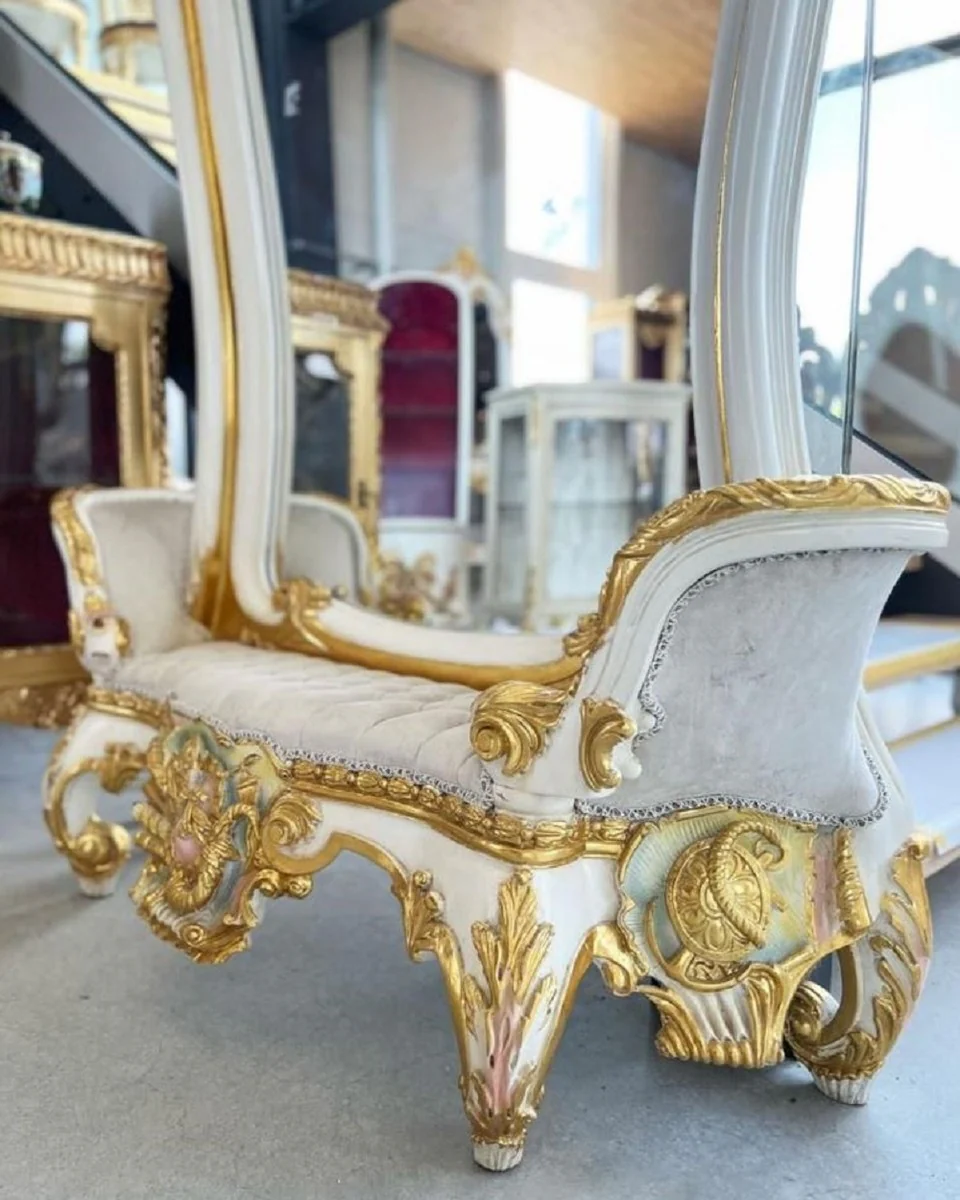 Casa Padrino espejo barroco con banco blanco / gris / multicolor / oro - Magn¨ªfica consola de espejo barroco - Muebles de armario estilo barroco - Muebles barrocos