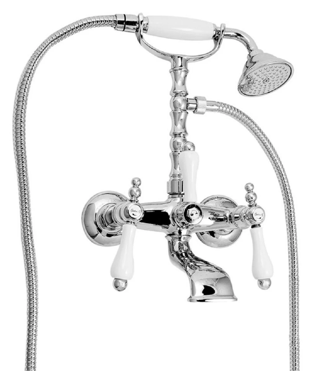 Casa Padrino Grifo de Bañera Art Nouveau con Ducha Plata / Blanco H. 35,5 cm - Accesorio de Baño Nostálgico - Primera Calidad