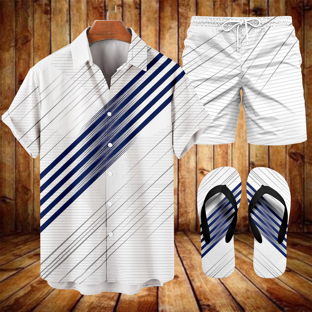 Suitmens Men's Hawaiian Bowling Print Shirt Three-Piece Set 051