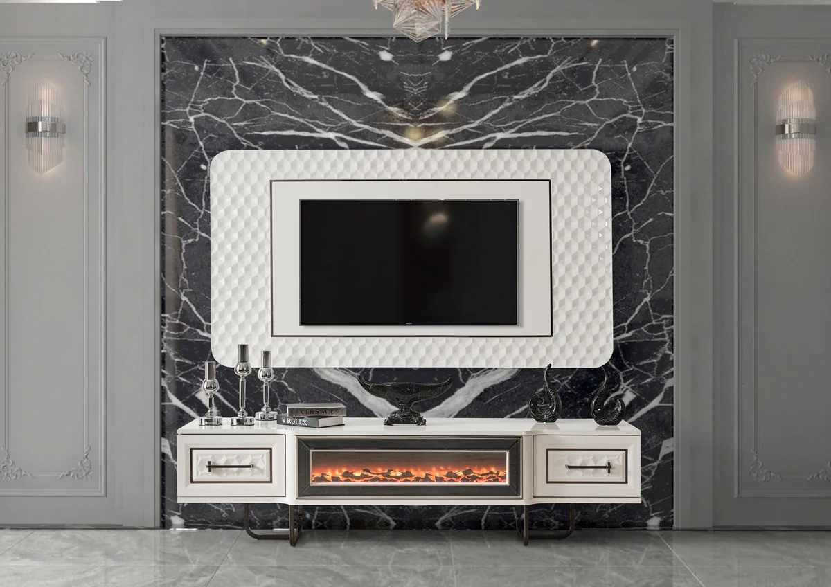 Casa Padrino conjunto de mueble de TV Art Deco de lujo blanco / bronce - Aparador de sala de estar con chimenea el¨¦ctrica LED y pared trasera de TV - Muebles Art Deco - Muebles de sala de lujo