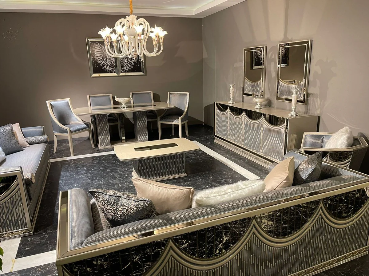 Casa Padrino sof¨¢ Art Deco de lujo azul claro / plata / crema - Sof¨¢ de sal¨®n con espejo - Muebles de sal¨®n - Muebles Art Deco - Muebles de lujo - Interiores Art Deco - Interiores de lujo