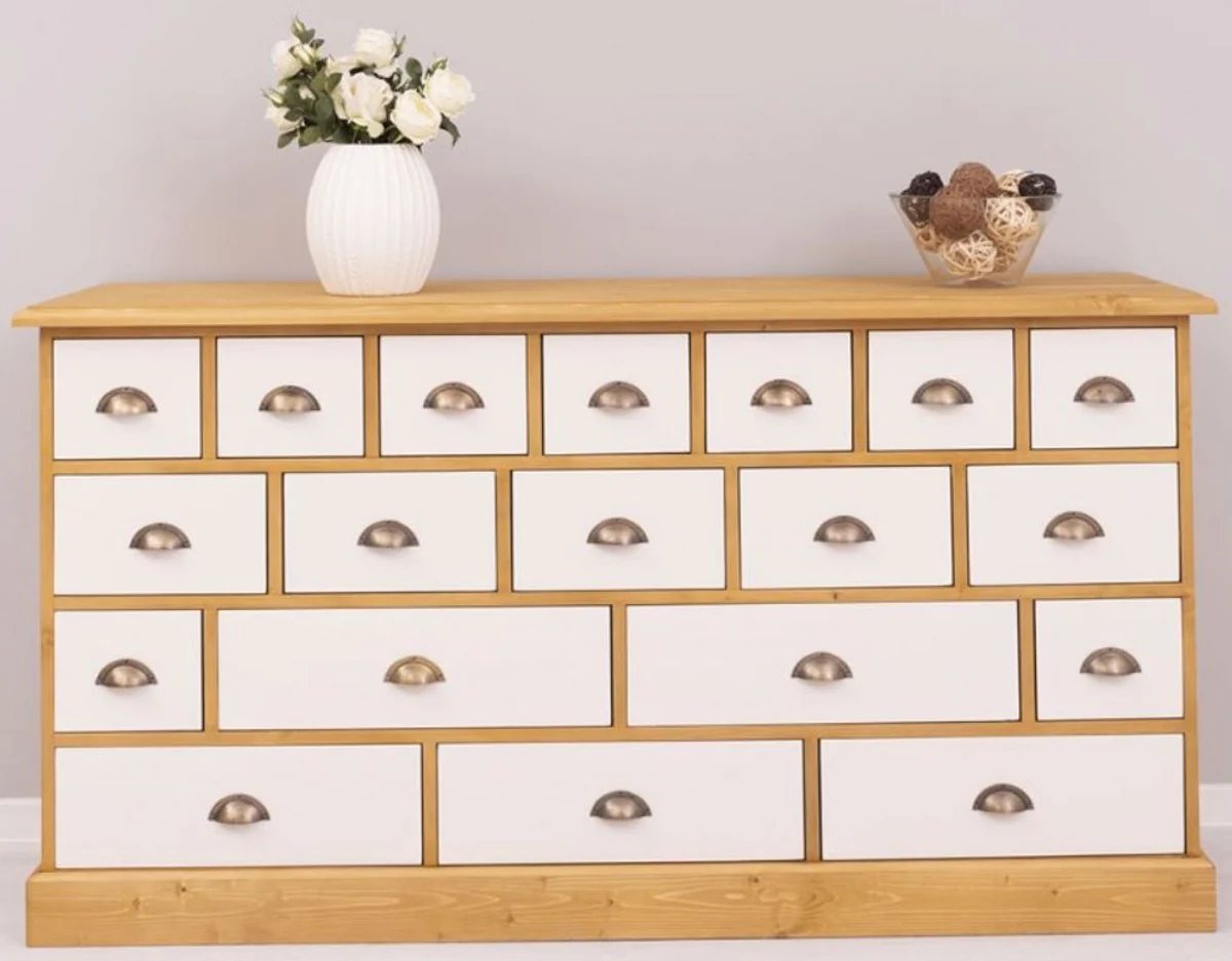 Casa Padrino cómoda de estilo campestre natural / blanco 180 x 48 x A. 95 cm - Armario de madera maciza con 19 cajones - Muebles de estilo campestre - Estilo campestre muebles