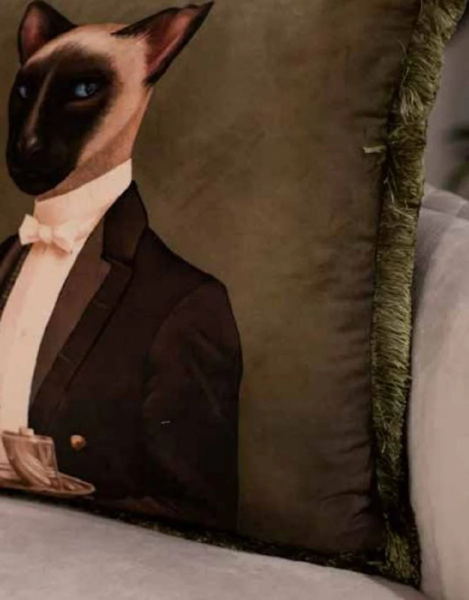 Casa Padrino almohada decorativa de lujo gato sirviente de casa verde / multicolor 45 x 45 cm - Almohada de terciopelo estampada con flecos - Calidad de Lujo