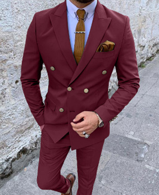 Business Solid Lapel Collar Double Breasted Blazer & Pants 2Pcs Set