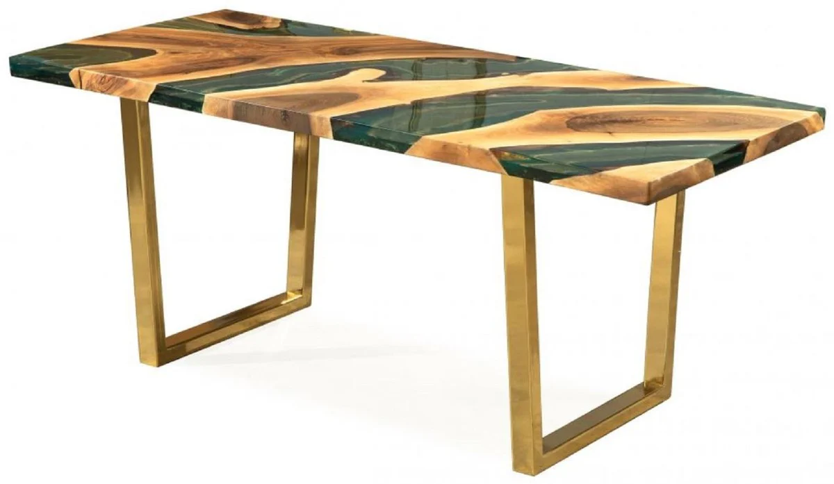 Casa Padrino mesa de comedor de lujo natural / marr¨®n / verde / oro 160 x 80 x A. 76 cm - Mesa de cocina rectangular con resina epoxi - Muebles de comedor de lujo - Muebles de resina epoxi