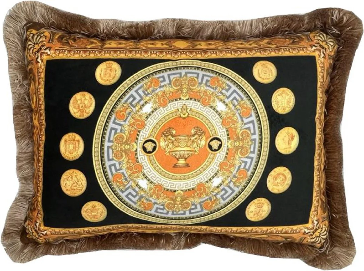 Casa Padrino almohada de terciopelo barroco de lujo jarrón y monedas negro / multicolor / oro / marrón 50 x 35 cm - Cojín decorativo barroco estampados con flecos - Accesorios deco estilo barroco