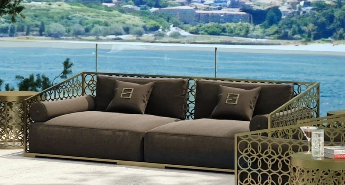 Casa Padrino sofá de lujo de 3 plazas marrón / oro 325 x 109 cm - Sofá hecho a mano con cojines - Sofá de sala de estar - Sofá de jardín - Sofá de terraza - Muebles de hotel - Calidad de Lujo