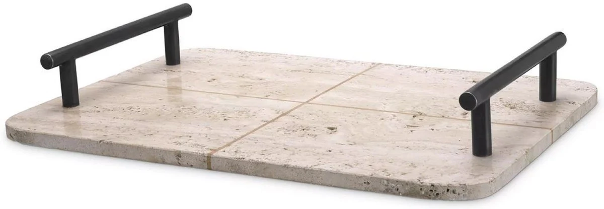 Casa Padrino bandeja de servir de lujo beige / bronce 48 x 34 x A. 8 cm - Bandeja rectangular de piedra natural travertino con asas - Accesorios Gastronom¨ªa y Restauraci¨®n - Accesorios de Lujo