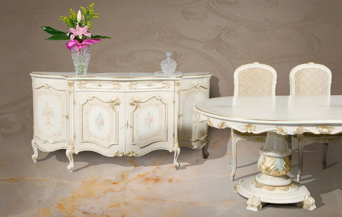 Casa Padrino aparador barroco de lujo blanco / crema / multicolor / oro - Armario noble de madera maciza con 4 puertas - Muebles Barrocos - Calidad de Lujo - Hecho en Italia