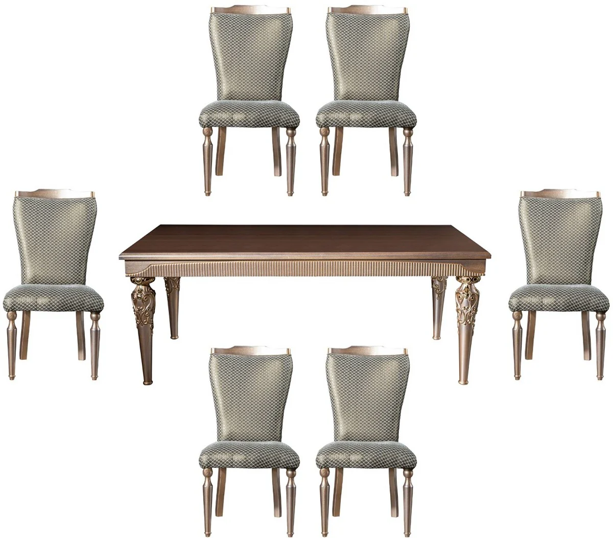 Casa Padrino conjunto de comedor barroco de lujo verde / plata / cobre / oro - 1 Mesa de Comedor y 6 Sillas de Comedor - Muebles de comedor barrocos - Noble y Magn¨ªfico