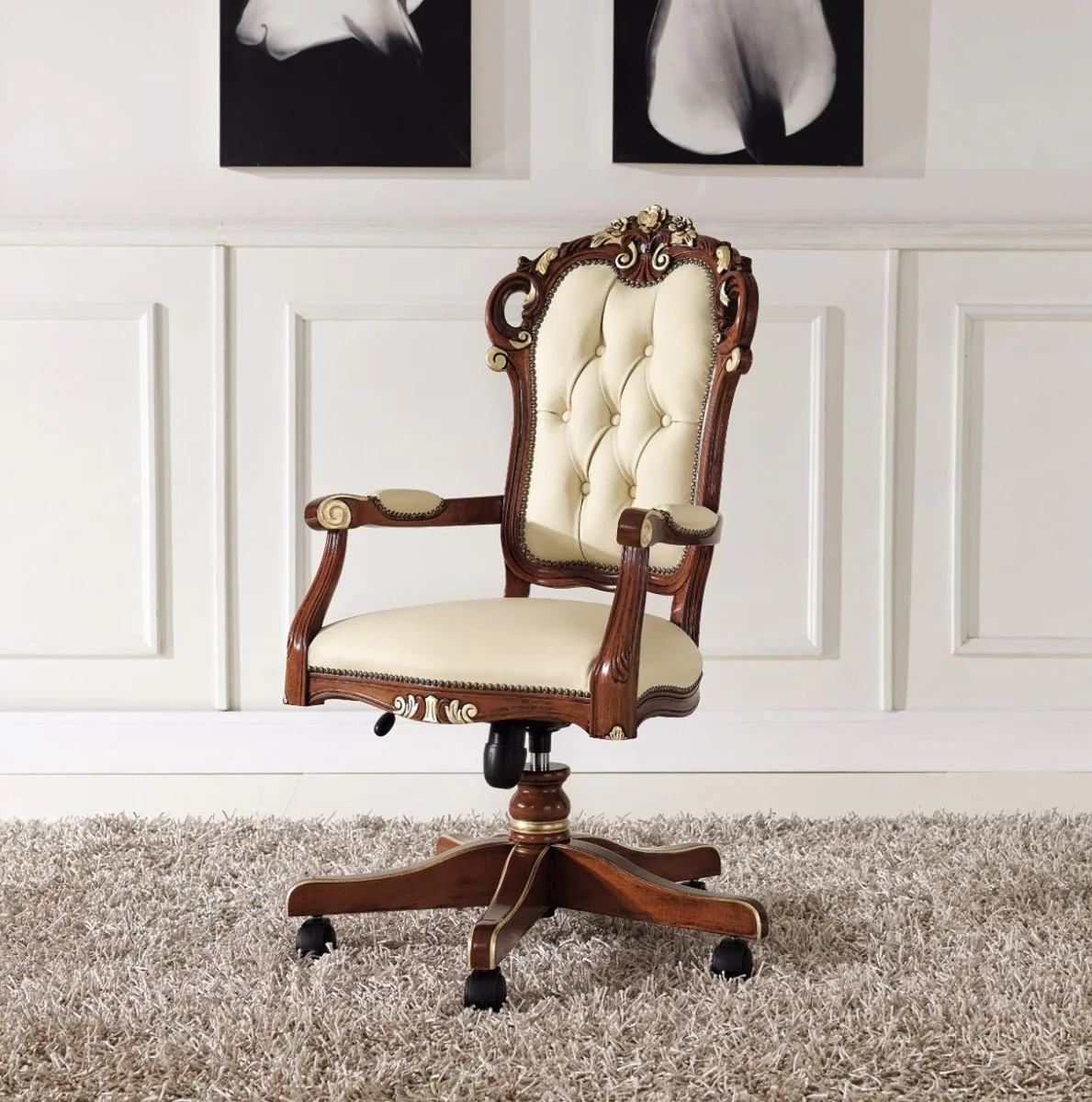 Casa Padrino silla de oficina barroca de lujo beige / marr¨®n / oro 57 x 48 x A. 107-117 cm - Silla de escritorio con cuero - Muebles de oficina barrocos - Calidad de Lujo - Hecho en Italia