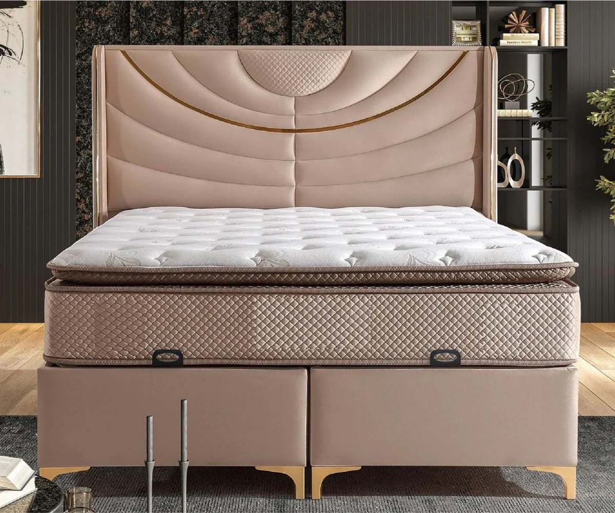 Casa Padrino cama doble de lujo beige / oro - Varios Tamaños - Cama de madera maciza con cabecero y colchón - Muebles de dormitorio - Muebles para hoteles - Muebles de lujo