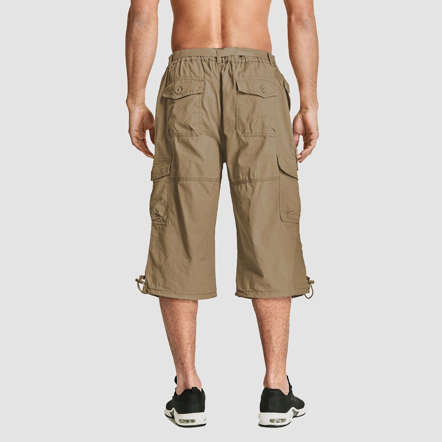 Men Summer Casual 3/4 Long Cargo Shorts Twill Cotton Elastic Waist Multiple Pockets Comfortable Capris Trousers