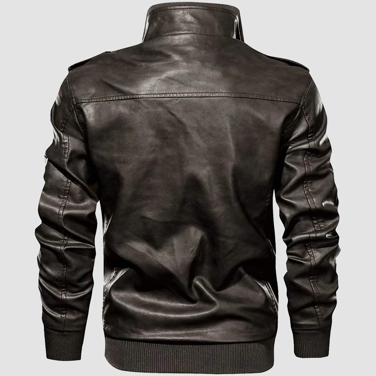 Men's Vintage Pu Faux Leather Jacket with 6 Pockets Stand Collar Motorcycle PU Leather Outwear Coat