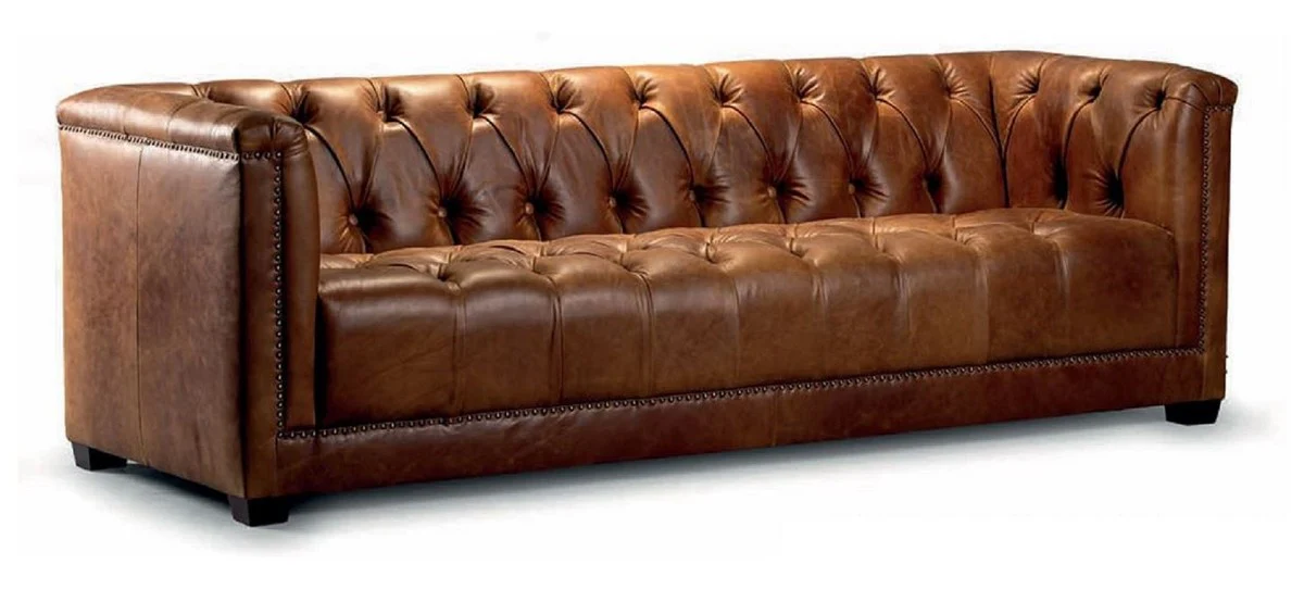 Casa Padrino sof¨¢ Chesterfield de lujo de 3 plazas de cuero genuino marr¨®n vintage 203 cm