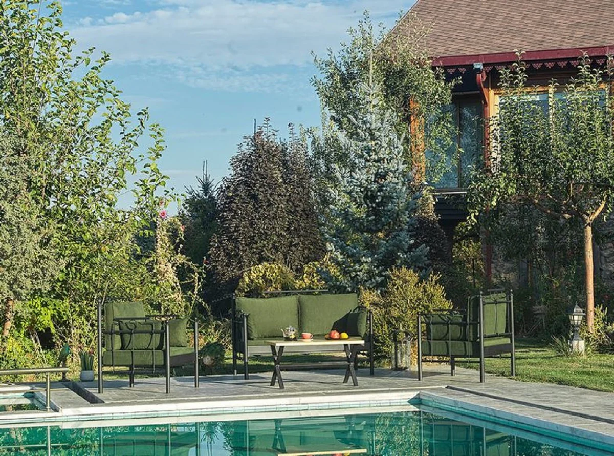 Casa Padrino Art Nouveau Conjunto de Muebles de Jard¨ªn Verde Oscuro / Negro - 1 Sof¨¢ y 2 Sillones y 1 Mesa - Muebles de Jard¨ªn y Patio Art Nouveau