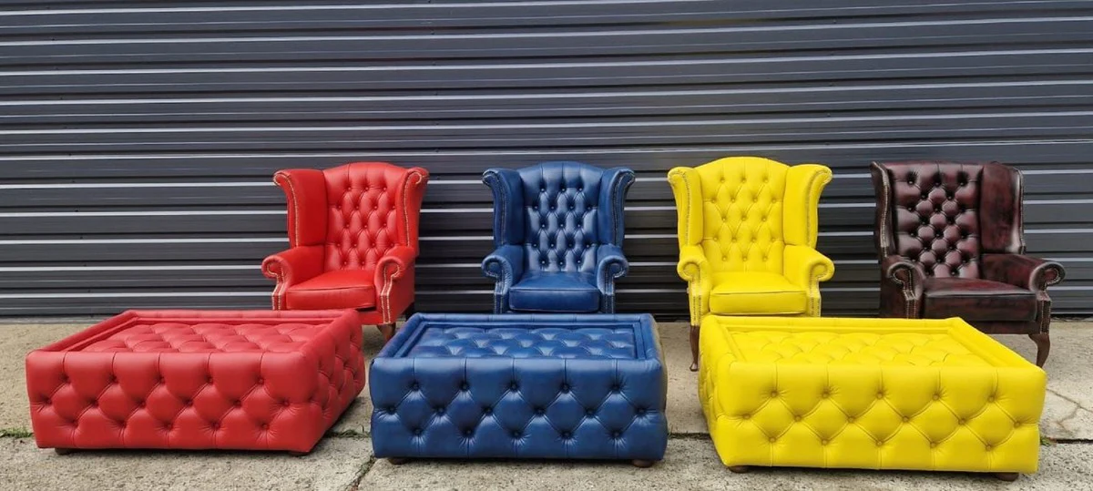 Casa Padrino sill¨®n orejero Chesterfield de lujo azul / marr¨®n oscuro 98 x 90 x A. 110 cm - Sill¨®n de sal¨®n Chesterfield de cuero genuino - Muebles de Sal¨®n Chesterfield de Lujo de Cuero