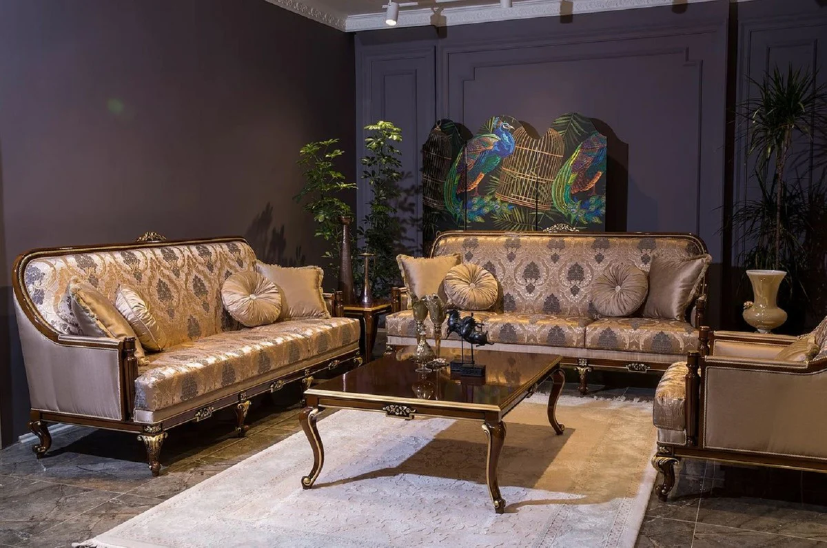Casa Padrino conjunto de sala de estar barroco de lujo gris / marr¨®n / oro - 2 Sof¨¢s Barrocos y 2 Sillones Barrocos y 1 Mesa de Centro Barroco - Muebles de sala estilo barroco - Muebles barrocos