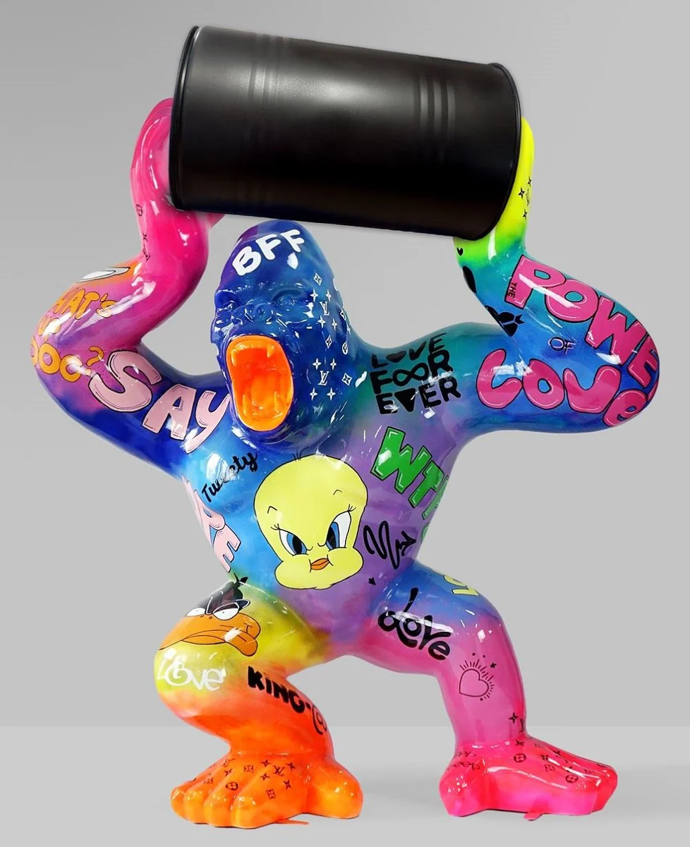 Casa Padrino escultura decorativa de lujo mono gorila con barril multicolor / negro A. 240 cm - Figura decorativa grande XXL - Escultura decorativa XXL - Esculturas y figuras decorativas XXL