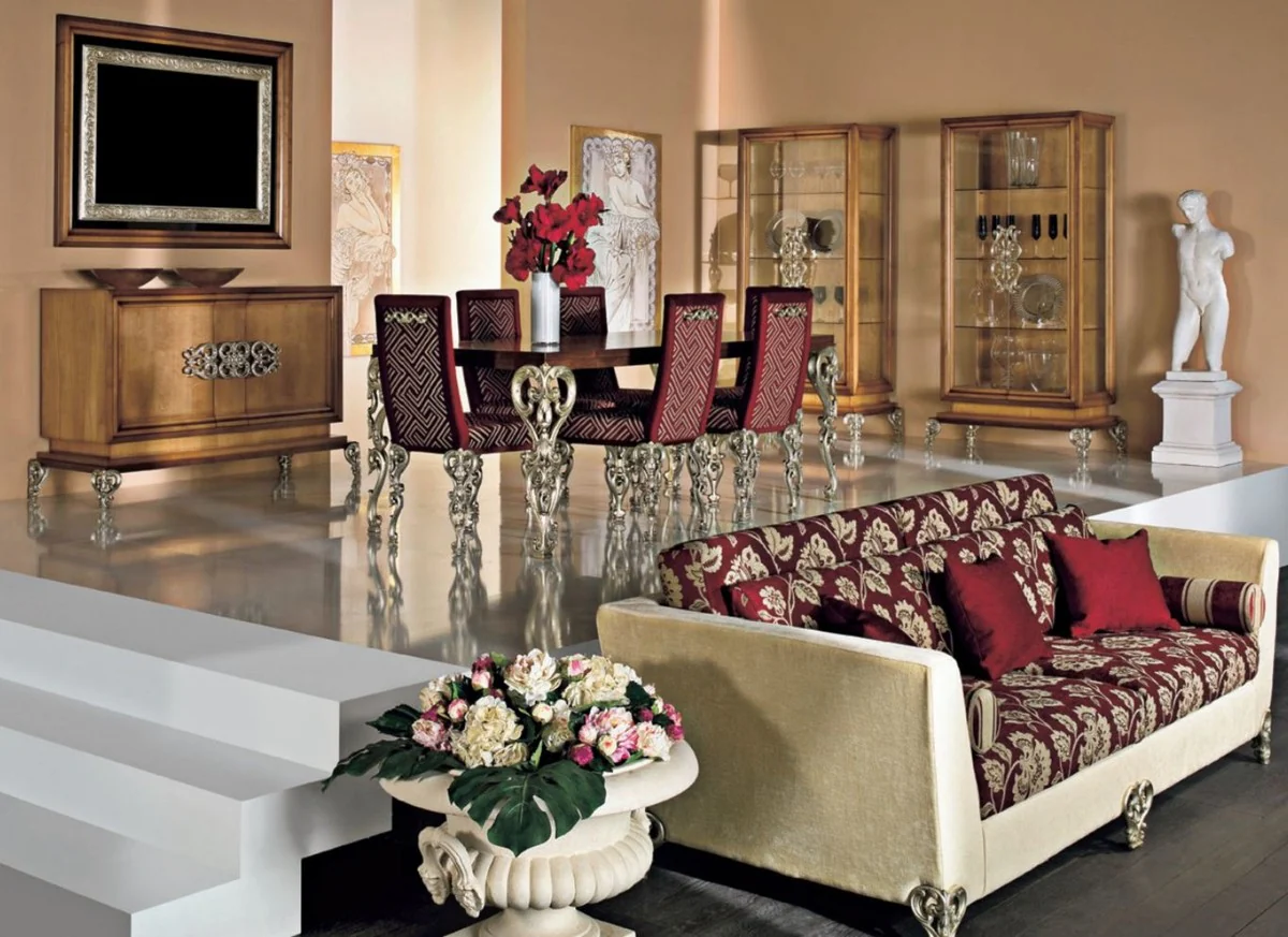 Casa Padrino conjunto de comedor barroco de lujo marr¨®n / rojo burdeos / plata antigua - 1 Mesa de Comedor Barroco y 6 Sillas de Comedor Barrocos - Muebles de comedor barroco - Hecho en Italia