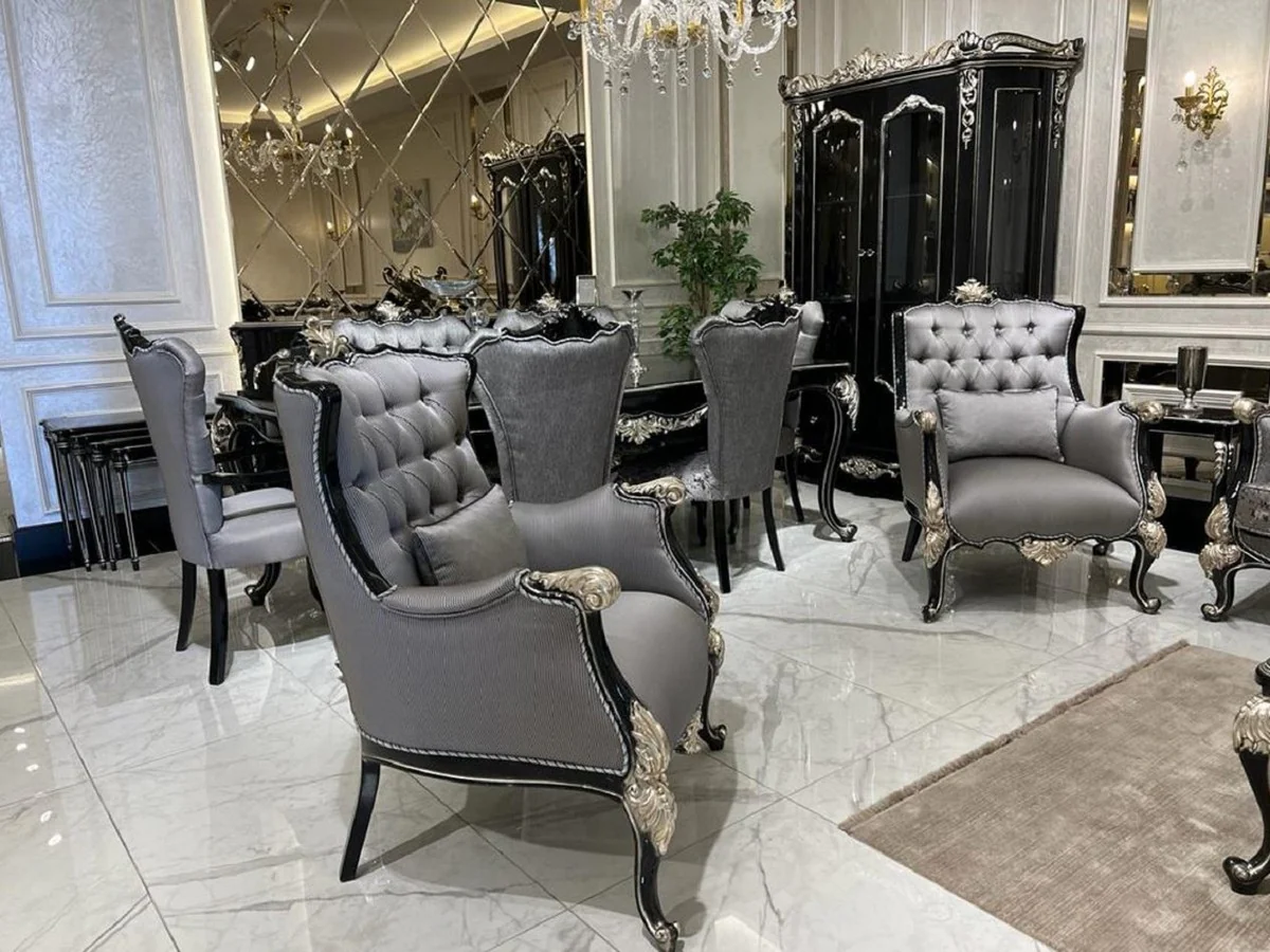 Casa Padrino vitrina barroco de lujo negro / plata - Magn¨ªfica vitrina de madera maciza con 2 puertas de vidrio - Muebles barrocos hechos a mano - Noble y Magn¨ªfico