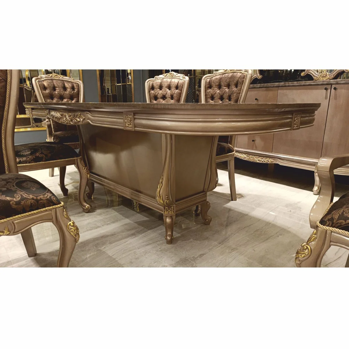 Casa Padrino conjunto de comedor barroco de lujo gris / negro / oro - 1 Mesa de Comedor y 6 Sillas