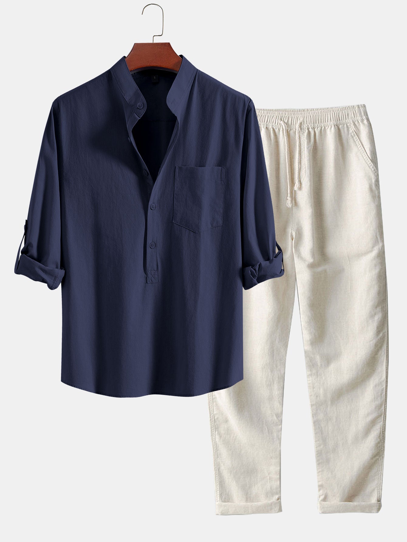 Long Sleeve Linen Look Henley Collar Shirt & Straight Leg Linen Pants