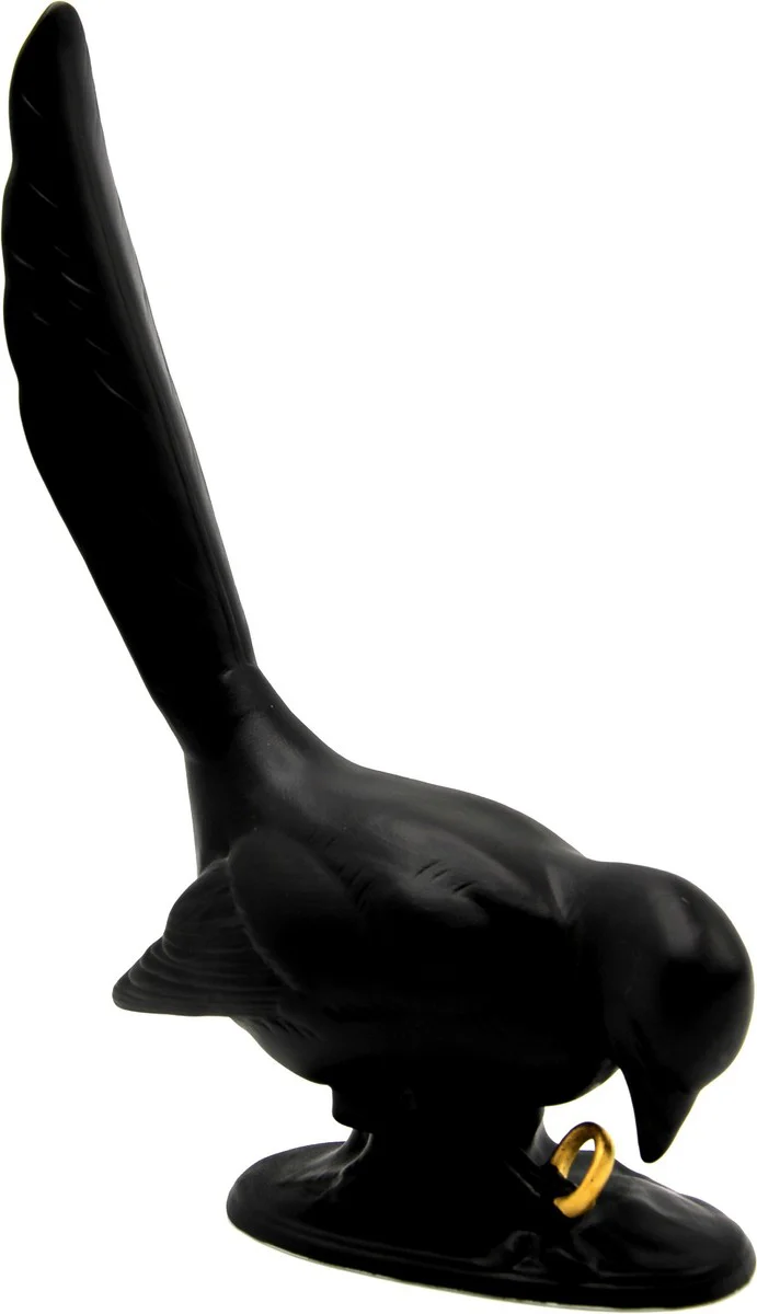 Casa Padrino escultura de porcelana de lujo cuervo con anillo de oro negro / oro 17 x 7 x A. 47 cm - Reichenbach Porcelana - Hecho en Alemania