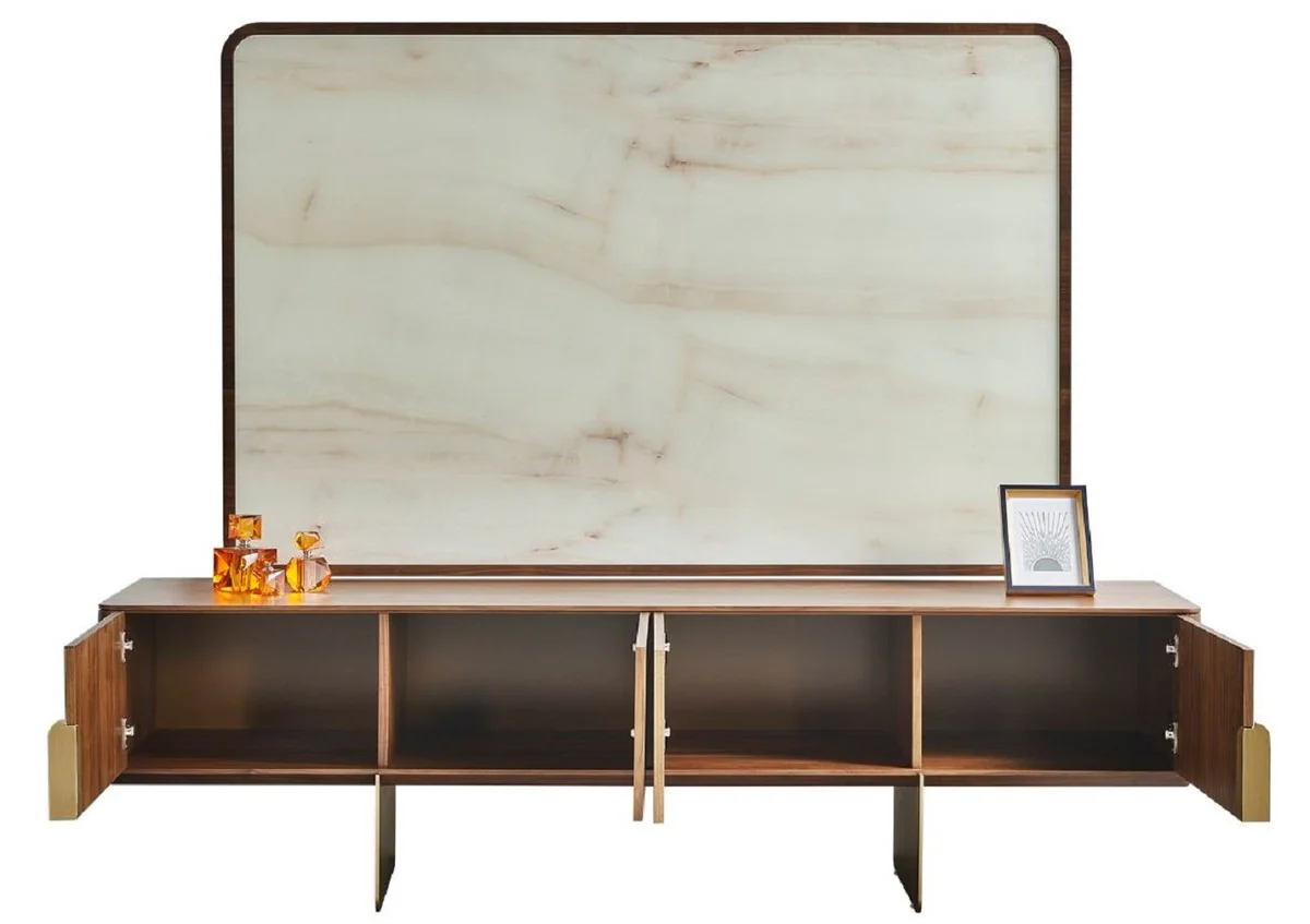 Casa Padrino conjunto de gabinete de TV para sala de estar de lujo marr¨®n / crema / lat¨®n - 1 Gabinete de TV y 1 Panel Trasero de TV y 1 Vitrina y 1 Armario Estanter¨ªa - Muebles de sal¨®n de lujo