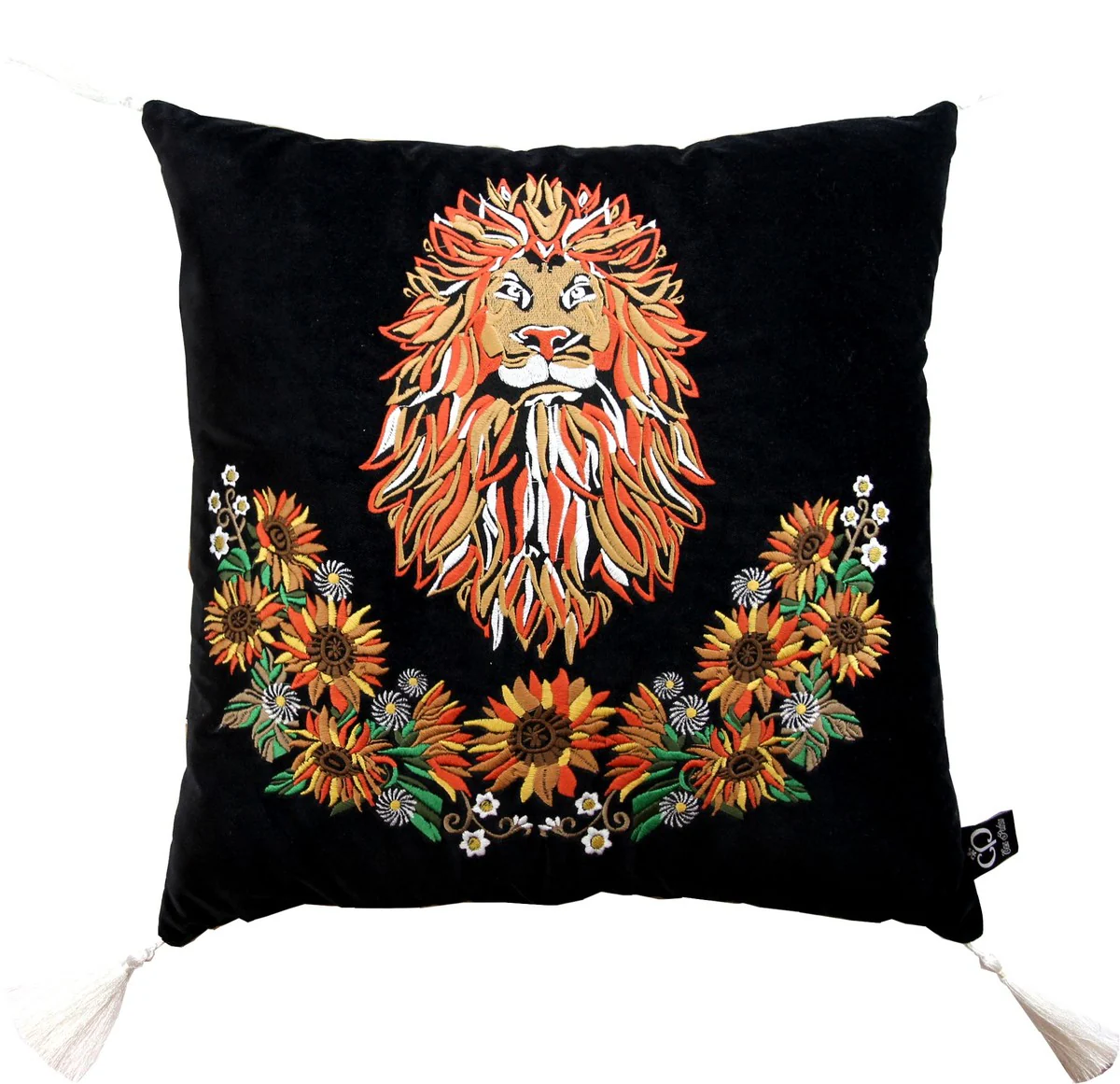 Coj¨ªn decorativo de lujo Casa Padrino con borlas Leo negro / multicolor 45 x 45 cm - tejido de terciopelo m¨¢s fino - calidad de lujo