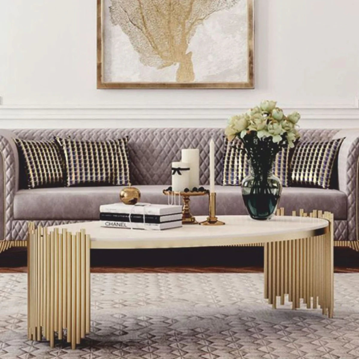 Casa Padrino mesa de centro de lujo con tablero de m¨¢rmol artificial blanco / oro ? 101 cm